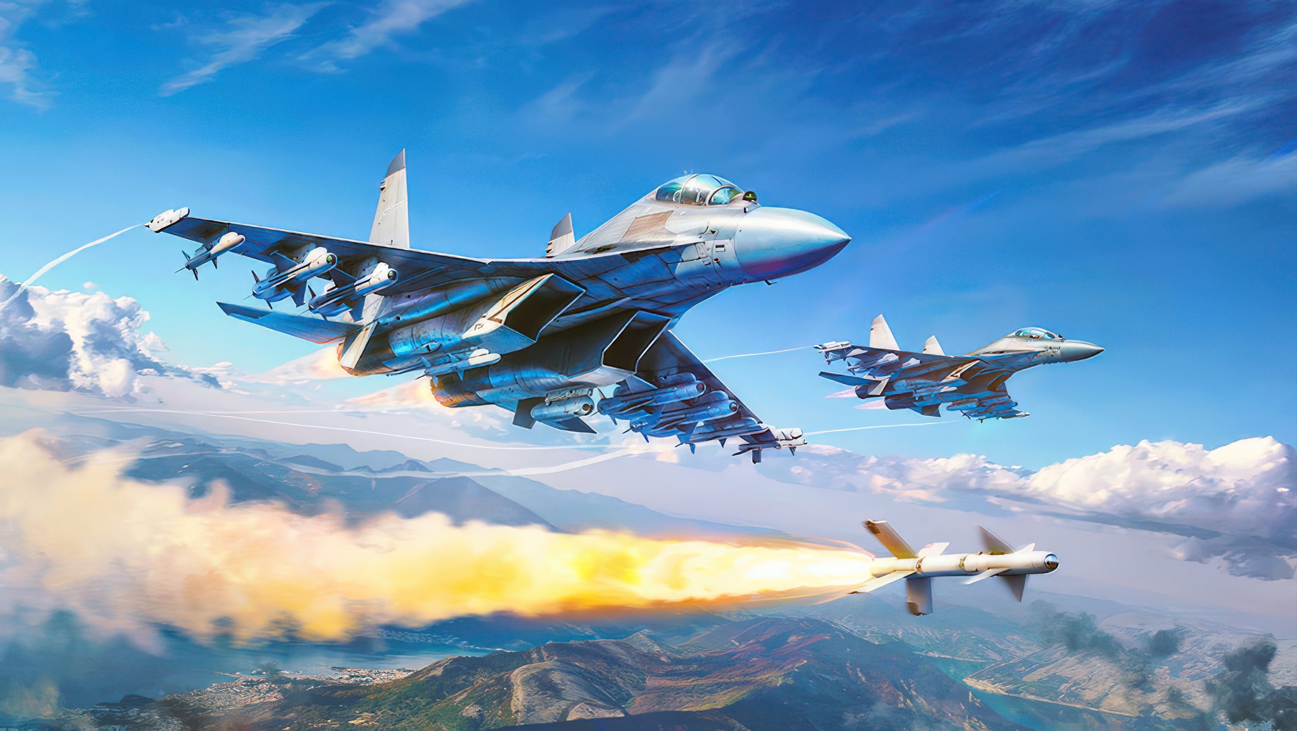 Deux avions de combat volent en formation, l'un tirant un missile au-dessus d'un paysage montagneux nuageux.