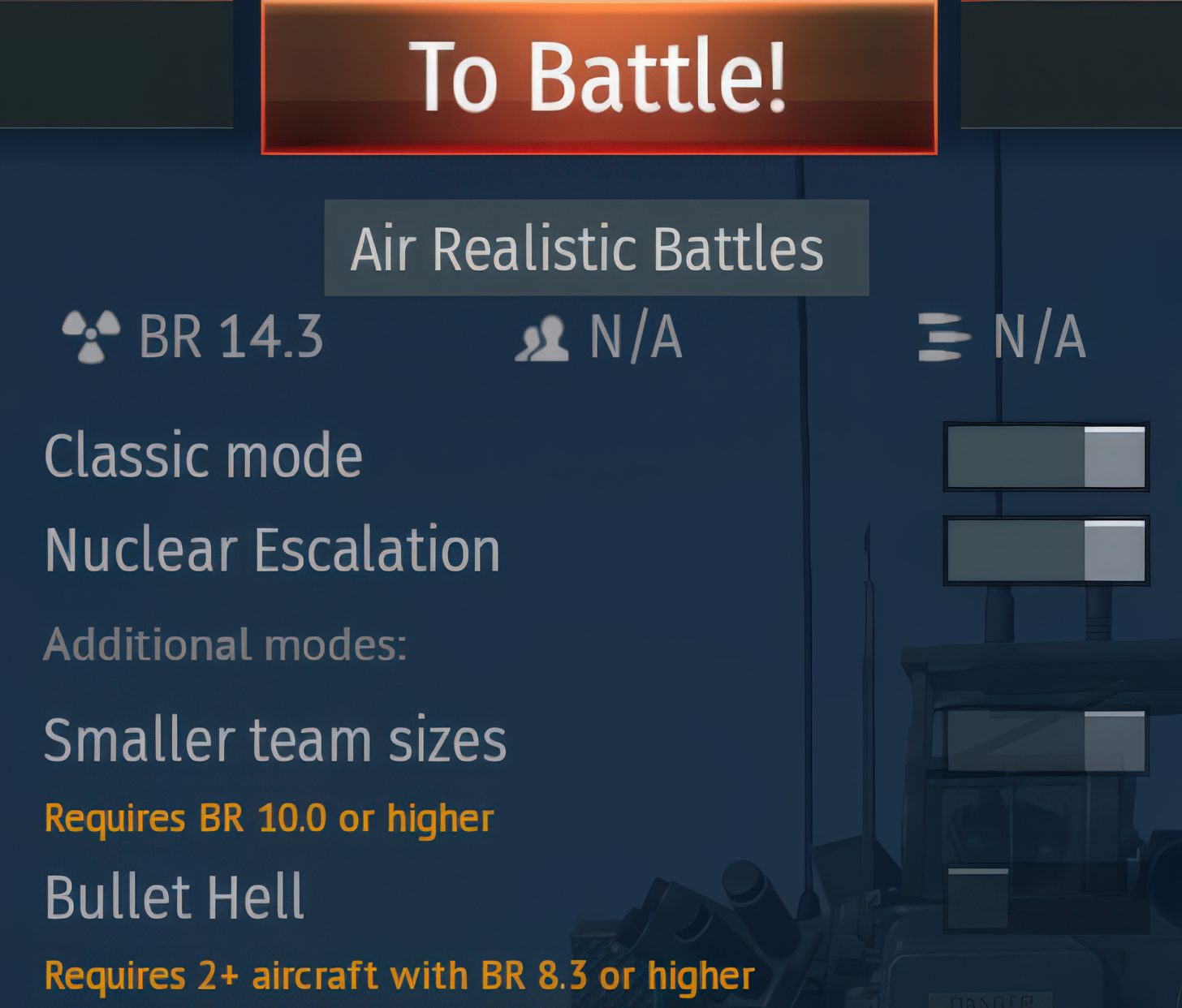 L'image montre un menu de jeu pour 'Air Realistic Battles' avec des options incluant 'Classic mode', 'Nuclear Escalation', et les modes additionnels 'Smaller team sizes' et 'Bullet Hell', avec des conditions comme 'BR 14.3' et 'BR 10.0 or higher'.