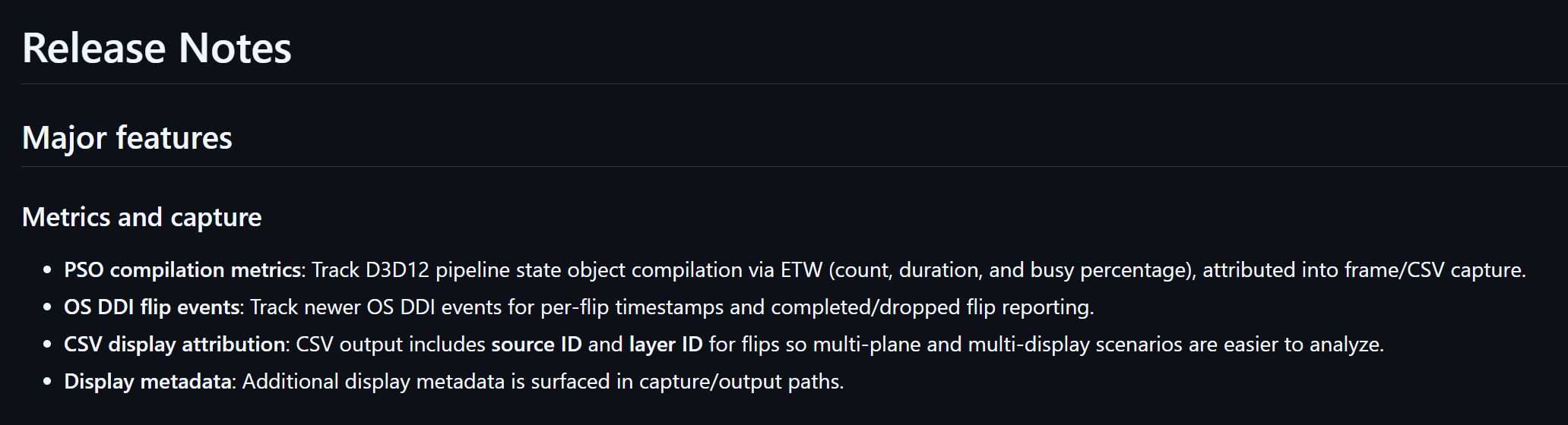 A screenshot titled 'Release Notes' lists major features related to 'Metrics and capture' including PSO compilation metrics and CSV display attribution.