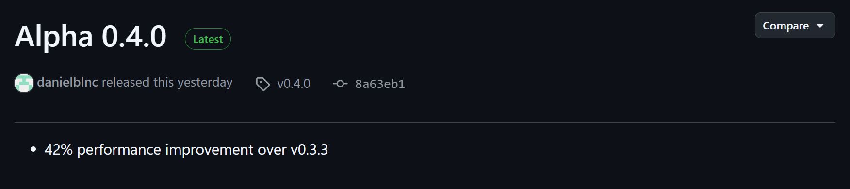 Page GitHub de 'Alpha 0.4.0' annonçant une amélioration de 42% des performances par rapport à la v0.3.3.