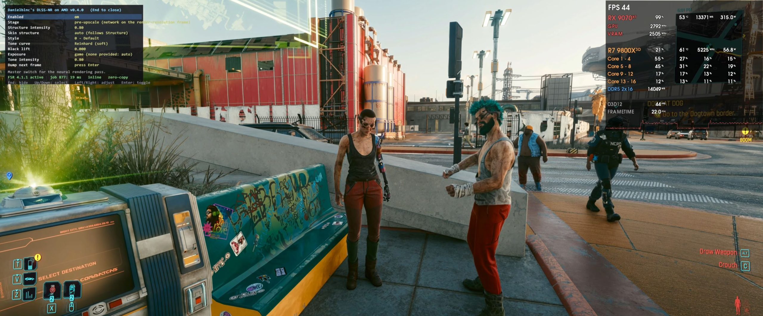 Une scène de Cyberpunk 2077 présente des personnages à l'extérieur près d'un terminal. L'overlay affiche 'Danielb1nc's DLSS-NR on AMD v0.4.0' et un moniteur de performance indiquant 'FPS 44'.