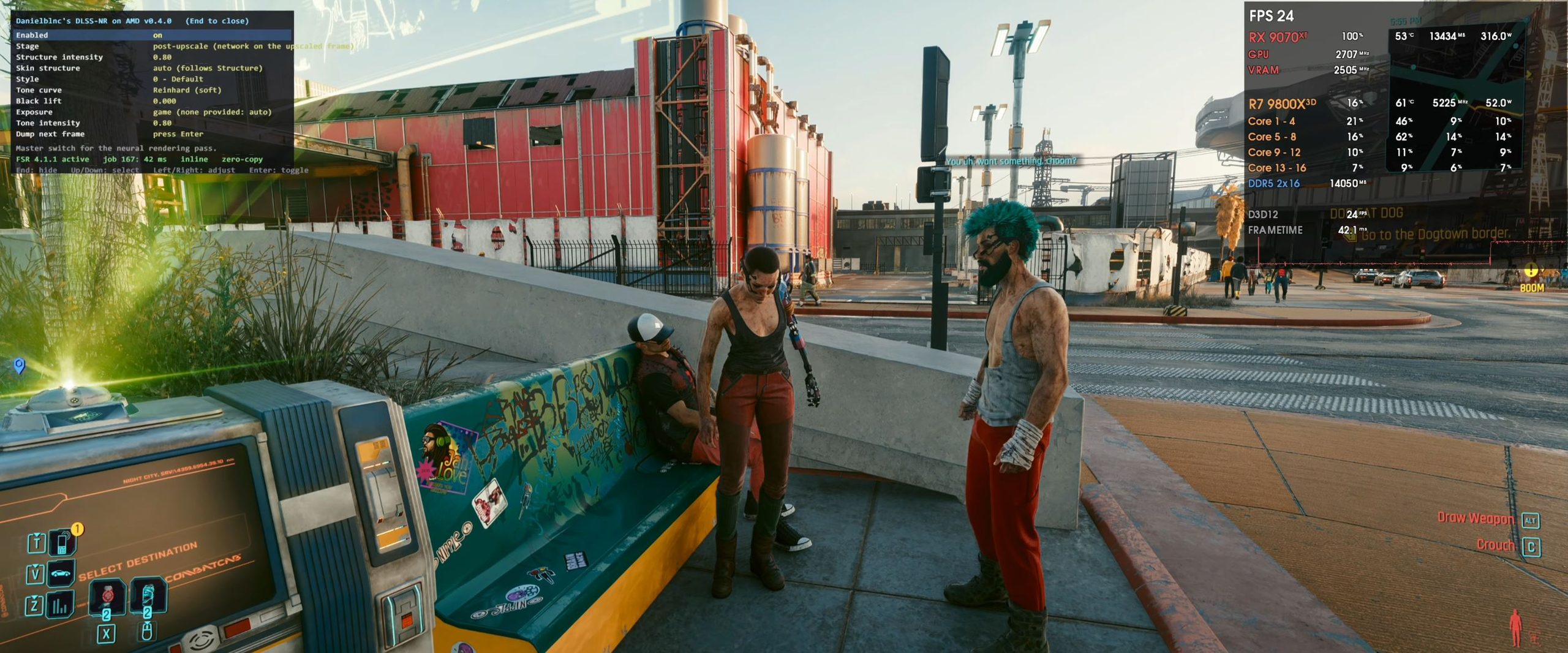 Une scène de Cyberpunk 2077 montre trois personnages près d'un banc tagué. L'overlay de performance affiche 'FPS 24' et les détails matériels comme 'RX 9070 XT' et 'R7 9800X3D'.