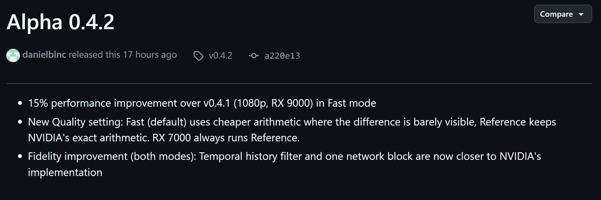 Note de version pour 'Alpha 0.4.2' soulignant une amélioration de 15% en Mode Rapide et un nouveau réglage qualité plus proche de l'implémentation NVIDIA.