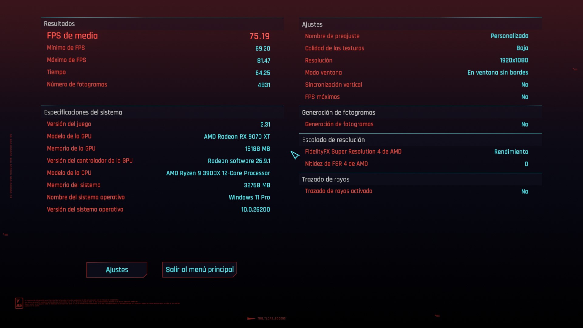 Capture d'écran montrant une carte AMD Radeon RX 9070 XT atteignant 75.19 FPS en moyenne dans Cyberpunk 2077 en 1080p avec FidelityFX Super Resolution 4.