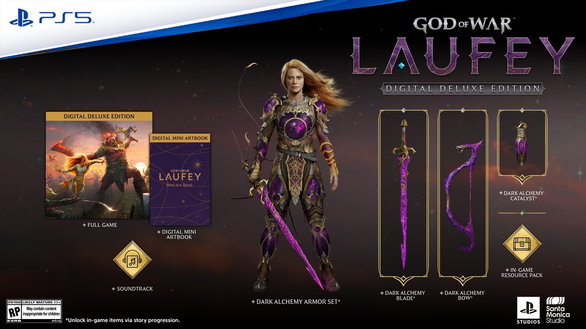 L'illustration de 'God of War : Laufey Édition Deluxe Numérique' sur PS5 présentant un personnage avec l'ensemble d'armure Alchimie Sombre, la Lame d'Alchimie Sombre, l'Arc d'Alchimie Sombre et le Catalyseur d'Alchimie Sombre, ainsi qu'un mini artbook et une bande-son numériques.