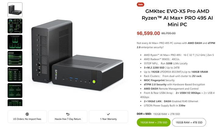 Le prix du GMKtec EVO-X5 Pro AMD Ryzen AI Max+ PRO 495 est indiqué à 6599€. Il possède un CPU 16 cœurs / 32 threads, un GPU AMD Radeon 8065S, 3 slots M.2 2280, jusqu'à 192 Go de RAM LPDDR5X et de nombreux ports USB et LAN.