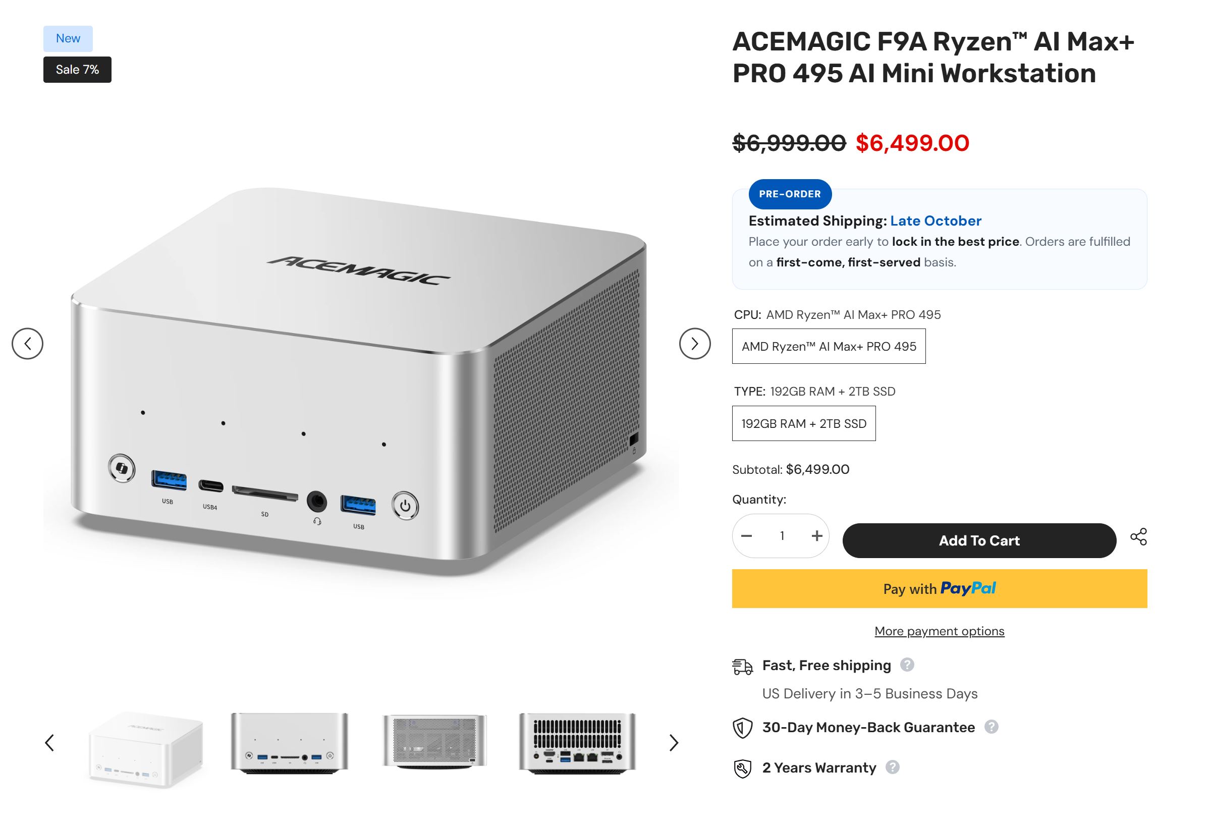 The ACEMAGIC F9A Ryzen AI Max+ PRO 495 AI Mini Workstation is displayed with a price of $6,499 and features such as an AMD Ryzen AI Max+ PRO 495 CPU, 192GB RAM, and 2TB SSD.