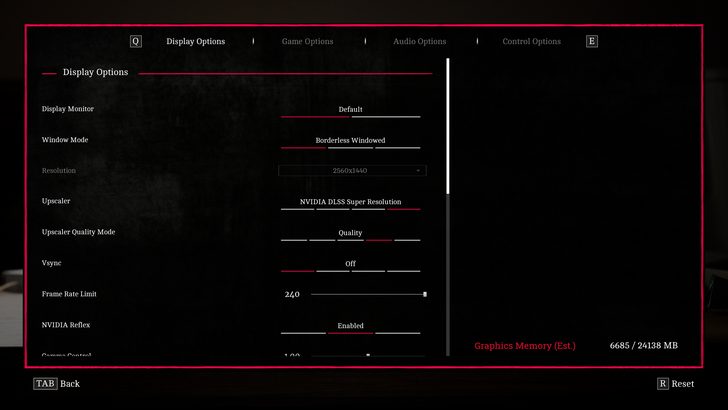 Le menu des options d'affichage montre 'NVIDIA DLSS Super Resolution' réglé sur 'Qualité' et une résolution de '2560x1440'.