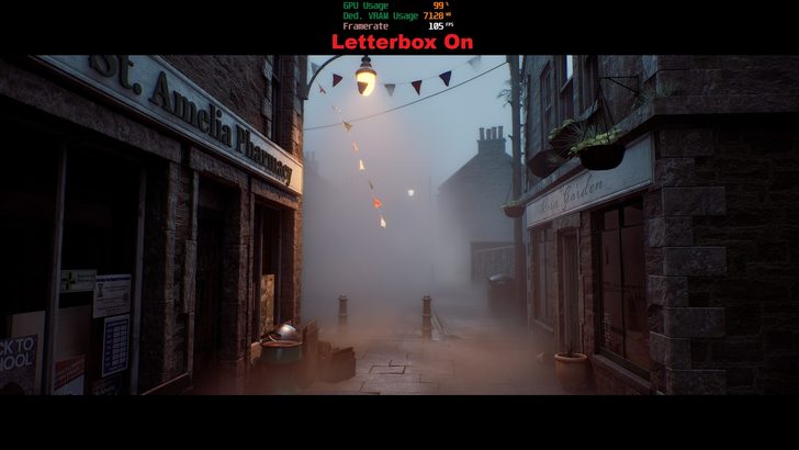 La même scène avec 'Letterbox On', usage GPU à 99%, VRAM à 7128 MB et 105 FPS.