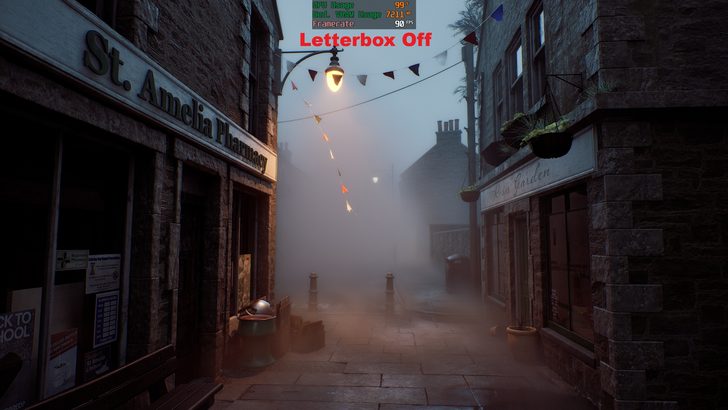 Une scène de rue brumeuse avec 'Letterbox Off', usage GPU à 99%, VRAM à 7211MB et 90 FPS.