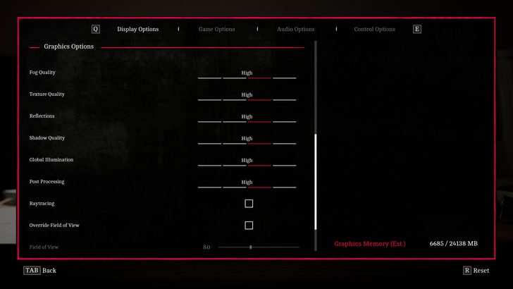 Un menu de paramètres de jeu affiche 'Options Graphiques' avec tous les réglages, y compris brouillard, texture, réflexions, qualité des ombres, illumination globale et post-traitement, sur 'Haut' et le ray tracing désactivé.