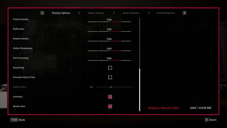 Un menu d'options d'affichage montre les réglages pour la qualité des textures, des réflexions, des ombres, de l'illumination globale et du post-traitement tous sur 'Haut'.
