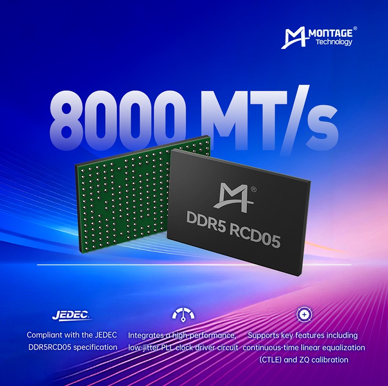 La puce DDR5 RCD05 de Montage Technology affiche 8000 MT/s, mettant en avant sa conformité JEDEC et des fonctions clés comme le circuit d'horloge PLL à faible gigue et le CTLE.