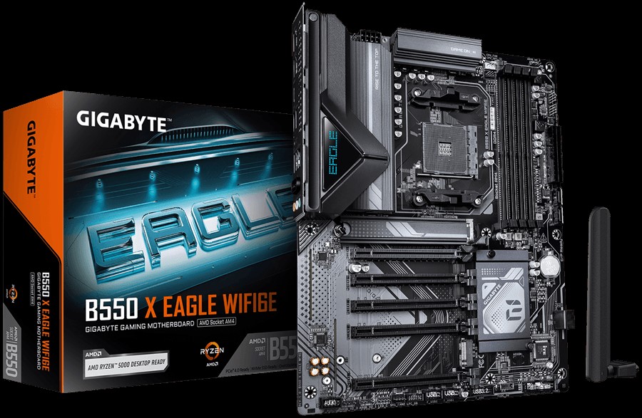 The image shows a Gigabyte B550 X Eagle WiFi GE gaming motherboard next to its retail box, which features the text 'B550 X Eagle WiFi GE' and highlights compatibility with AMD Ryzen CPUs.