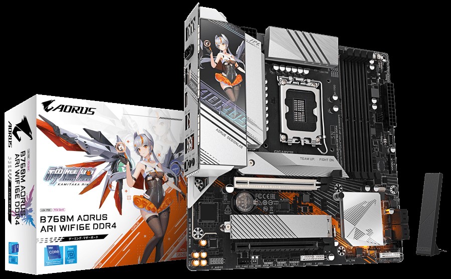 A Gigabyte B760M Aorus ARI Wifi6E DDR4 motherboard is shown alongside its box featuring anime-themed artwork.