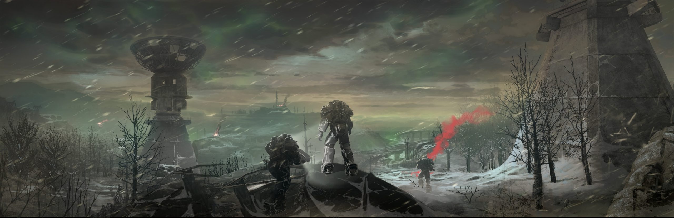 Un paysage post-apocalyptique du jeu Fallout 76, avec des silhouettes en armure dans un environnement enneigé, une grande antenne radar et un panache de fumée rouge au loin.