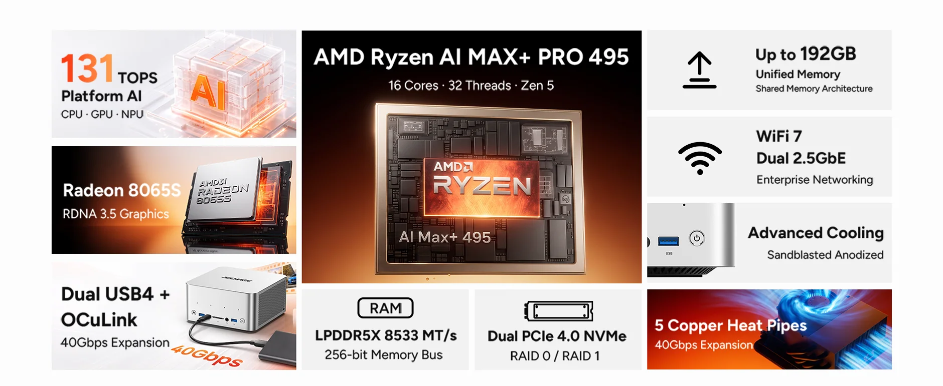 An advertisement showcases the AMD Ryzen AI Max+ Pro 495 with '16 Cores · 32 Threads · Zen 5,' AMD Radeon 8065S with 'RDNA 3.5 Graphics,' features like 'Up to 192GB Unified Memory,' 'Dual USB4 + OCuLink 40Gbps Expansion,' and 'WiFi 7 Dual 2.5GbE Enterprise Networking.'