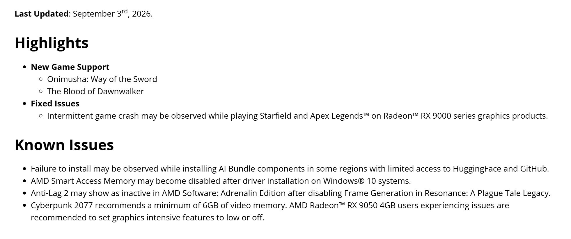Liste des modifications du pilote AMD Adrenalin 26.9.1, montrant l'ajout de support pour Onimusha: Way of the Sword et The Blood of Dawnwalker.