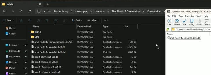 Une fenêtre de l'Explorateur de fichiers Windows montre le chemin d'accès vers le dossier Win64 d'un jeu, avec les fichiers DLL FSR visibles.