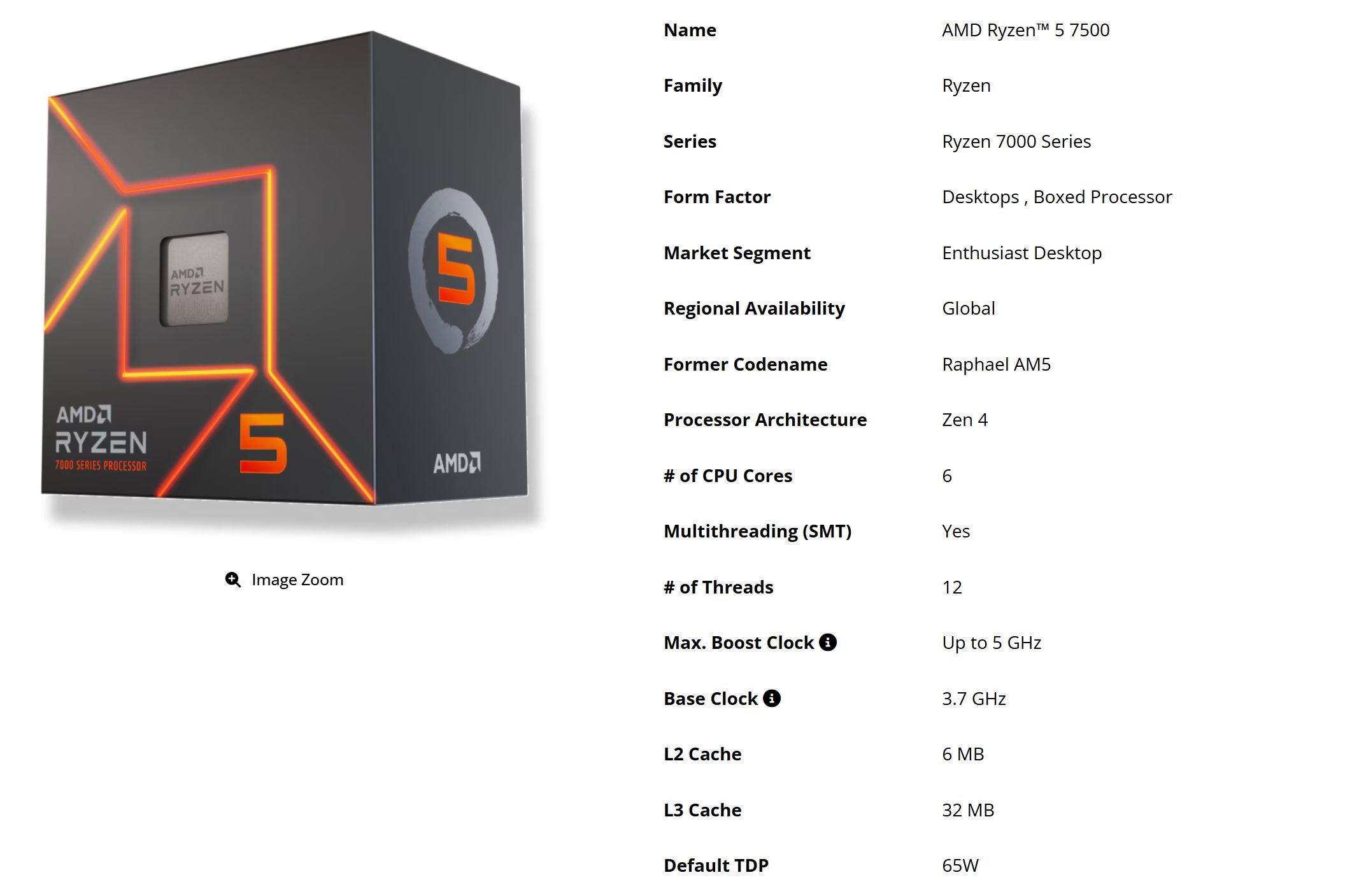 A box for the AMD Ryzen 5 7500 processor is shown next to its specifications, including Zen 4 architecture, 6 CPU cores, 12 threads, and a maximum boost clock of up to 5 GHz.