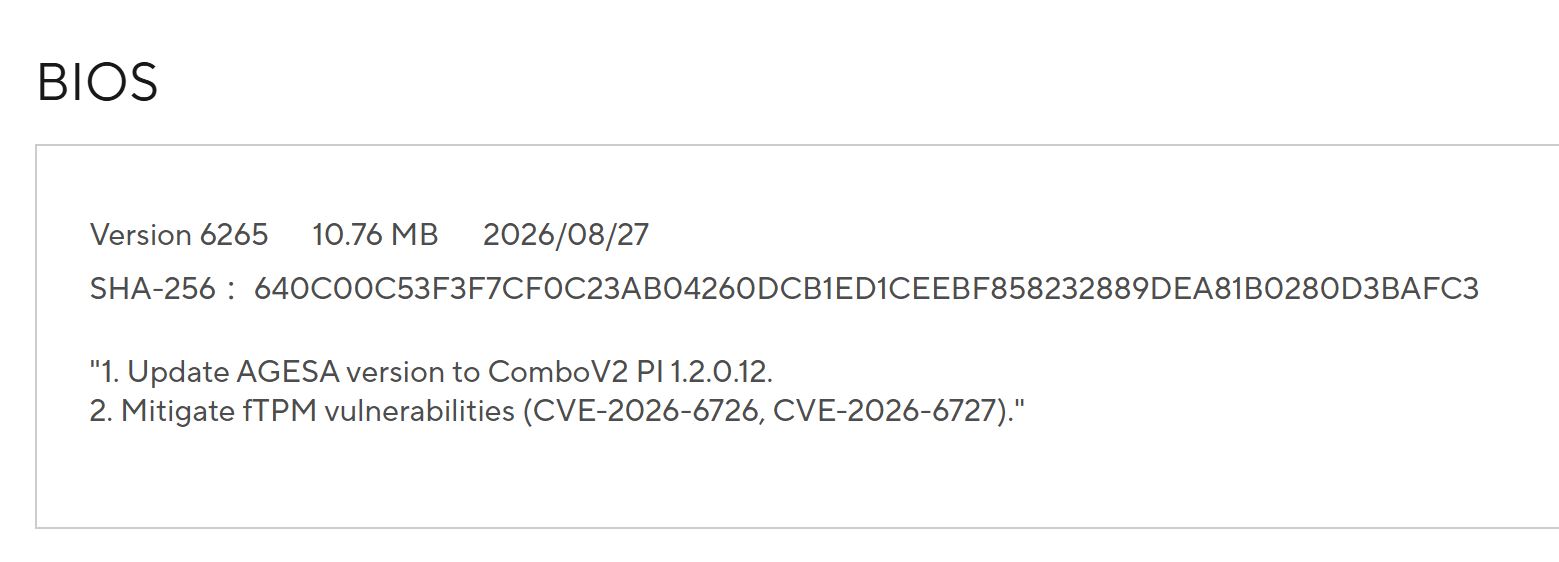 Un écran de mise à jour BIOS montre la Version 6265, 10,76 Mo, datée du 27/08/2026, avec un hash SHA-256 et des notes sur la mise à jour de l'AGESA et l'atténuation des vulnérabilités fTPM.