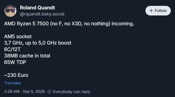 A social media post by Roland Quandt details the specifications of the AMD Ryzen 5 7500, mentioning an AM5 socket, 3.7 GHz base up to 5.0 GHz boost, 6C/12T configuration, 38MB cache, 65W TDP, priced approximately at 230 Euro.