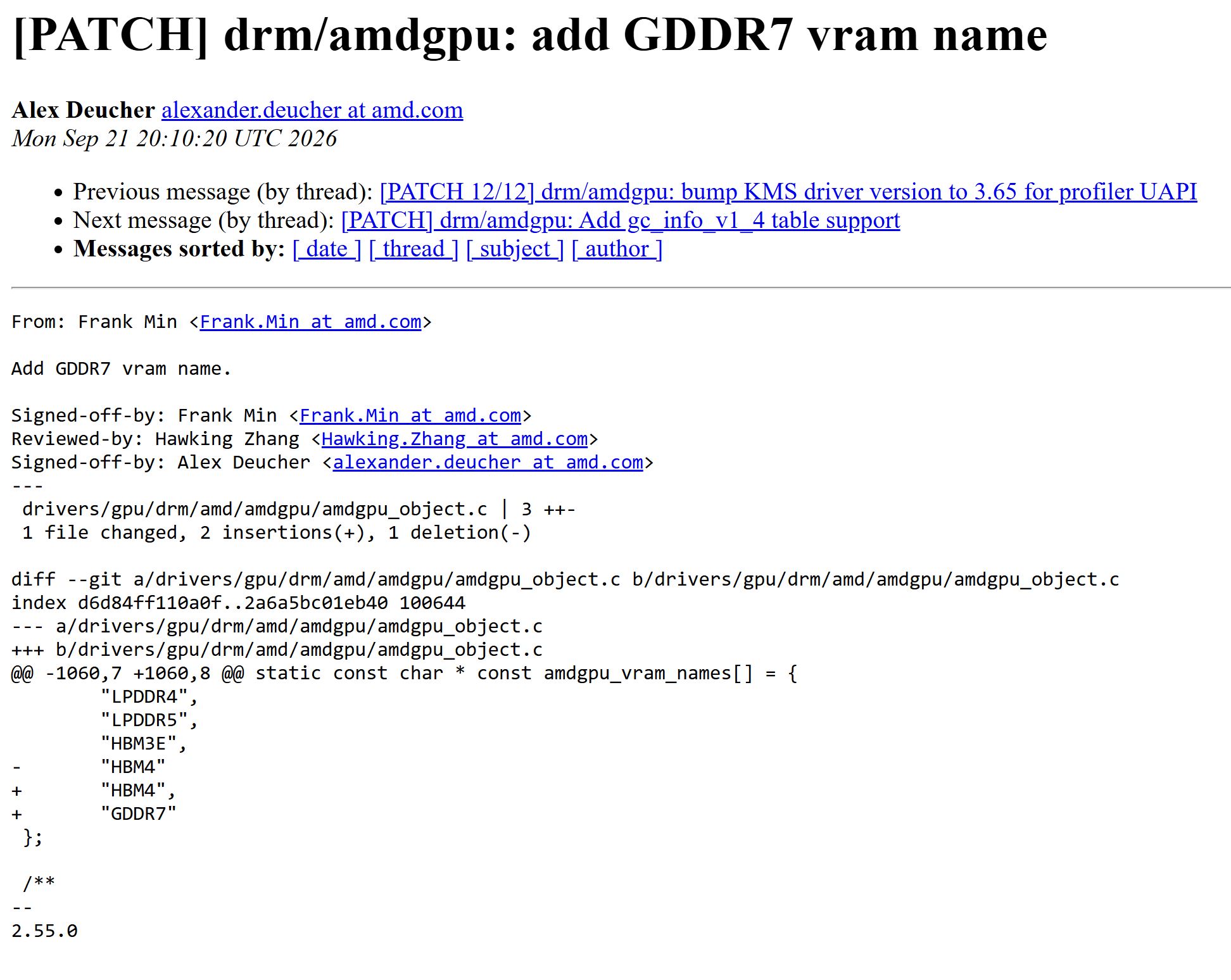 L'email intitulé [PATCH] drm/amdgpu: add GDDR7 vram name par Alex Deucher détaille un changement de code où GDDR7 est ajouté aux noms de VRAM dans le fichier amdgpu_object.c, incluant 2 insertions et 1 suppression.