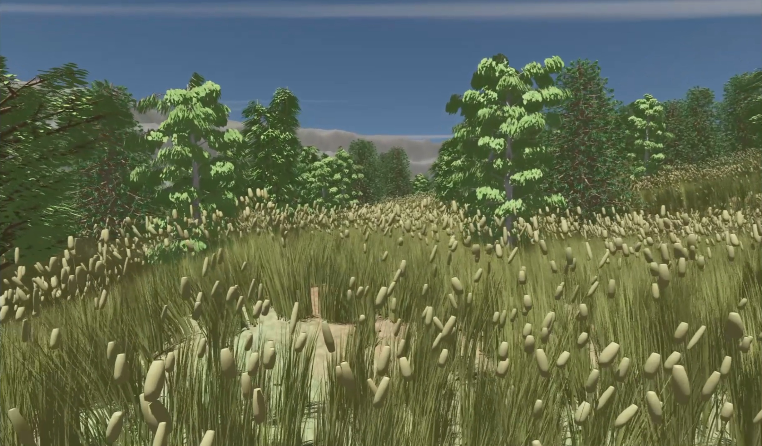 Un paysage animé luxuriant montrant de hautes herbes et des arbres denses sous un ciel bleu dégagé.