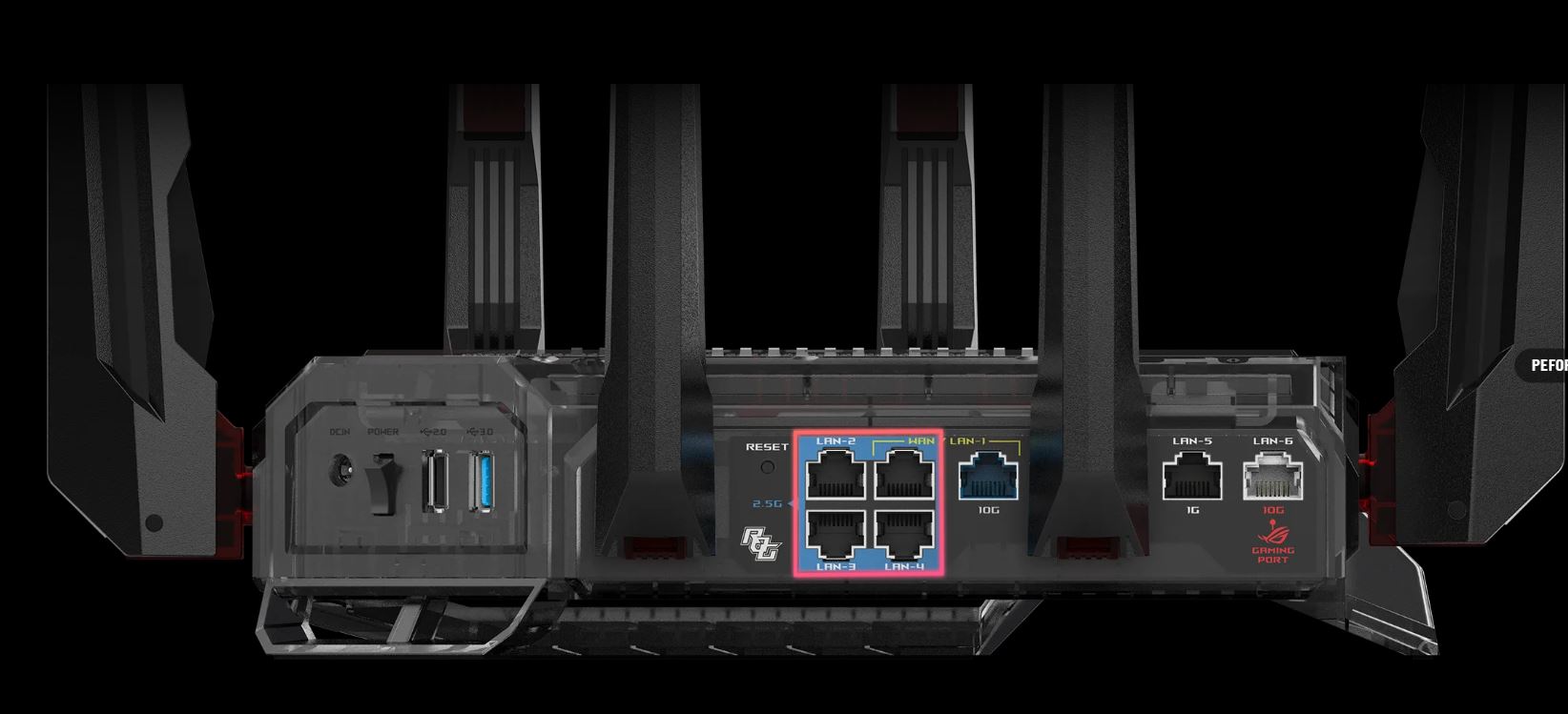 Vue arrière d'un routeur ASUS montrant ses multiples ports LAN et WAN, dont un port 10G Gaming et un port USB 3.0.