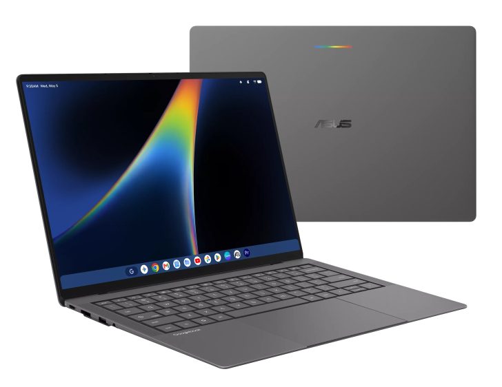 L'ASUS Googlebook 14 est montré ouvert, avec des icônes d'applications sur l'écran et le logo ASUS au dos.