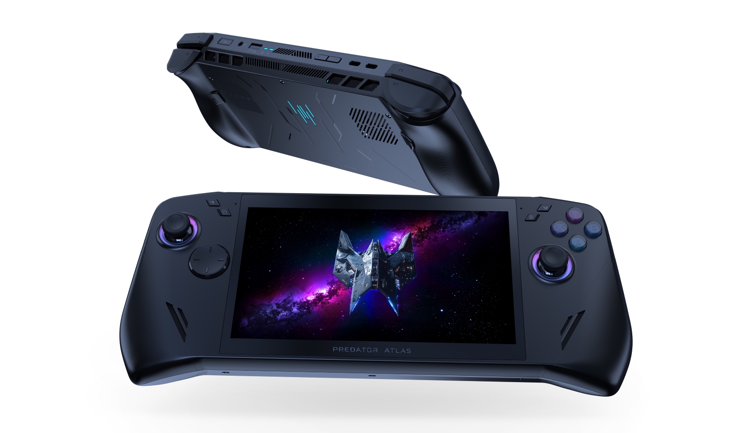 Le handheld gaming Acer Predator Atlas affichant un jeu à l'univers spatial sur son écran.