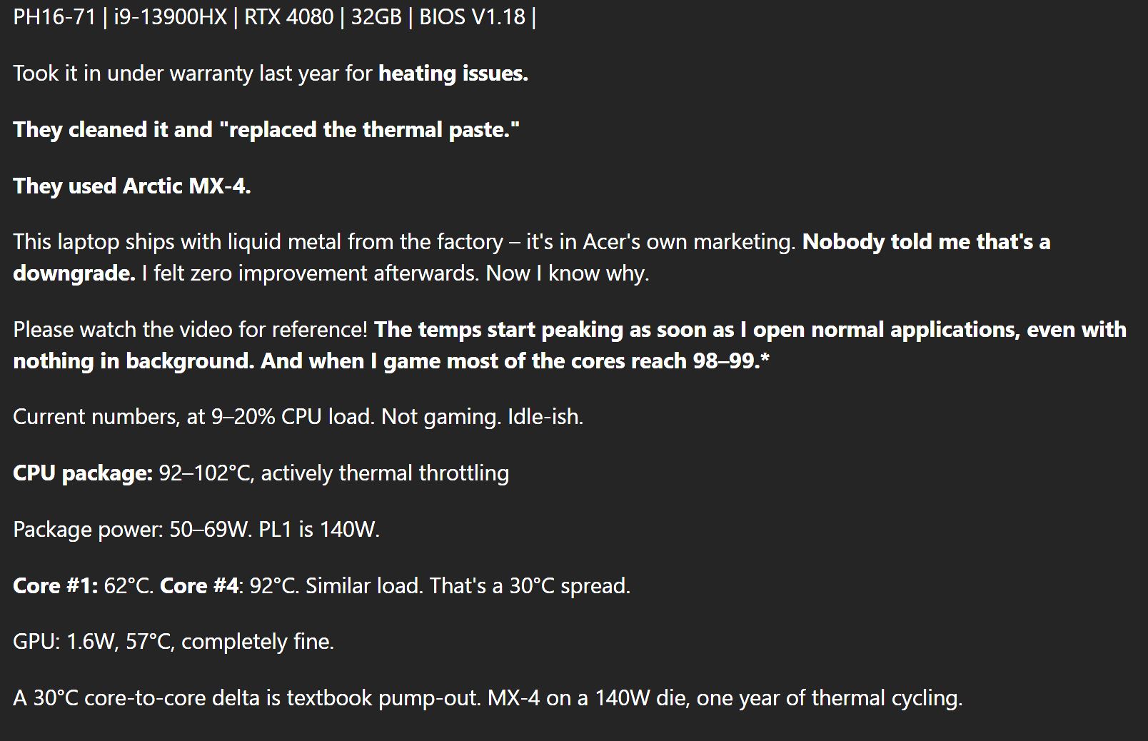 A text description of an Acer laptop model PH16-71 with Intel Core i9-13900HX, NVIDIA RTX 4080, 32GB RAM, and BIOS V1.18, detailing heating issues and thermal paste replacement with Arctic MX-4, and noting CPU temperatures reaching 98-102°C with thermal throttling.