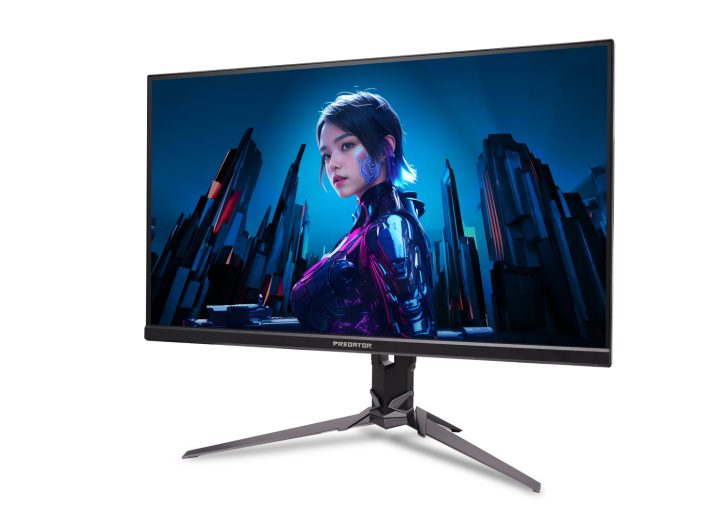 Un moniteur Acer Predator affichant une illustration numérique d'un personnage futuriste dans un paysage urbain.