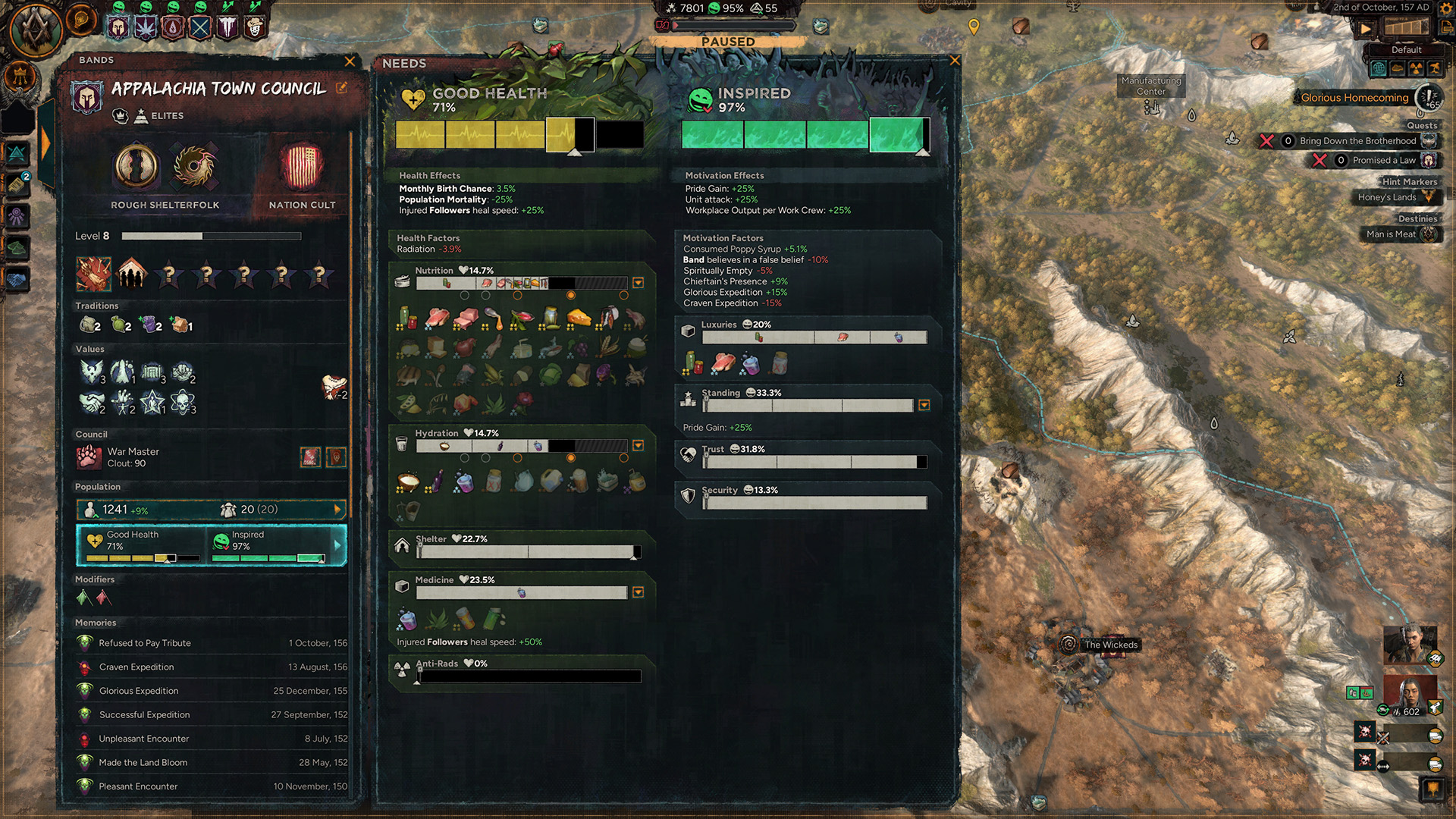 L'interface d'un jeu de stratégie montre les détails du conseil 'Appalachia Town Council', avec ses membres et ses statistiques de santé, superposés à une carte. Une quête intitulée 'Bring Down the Brotherhood' est visible.