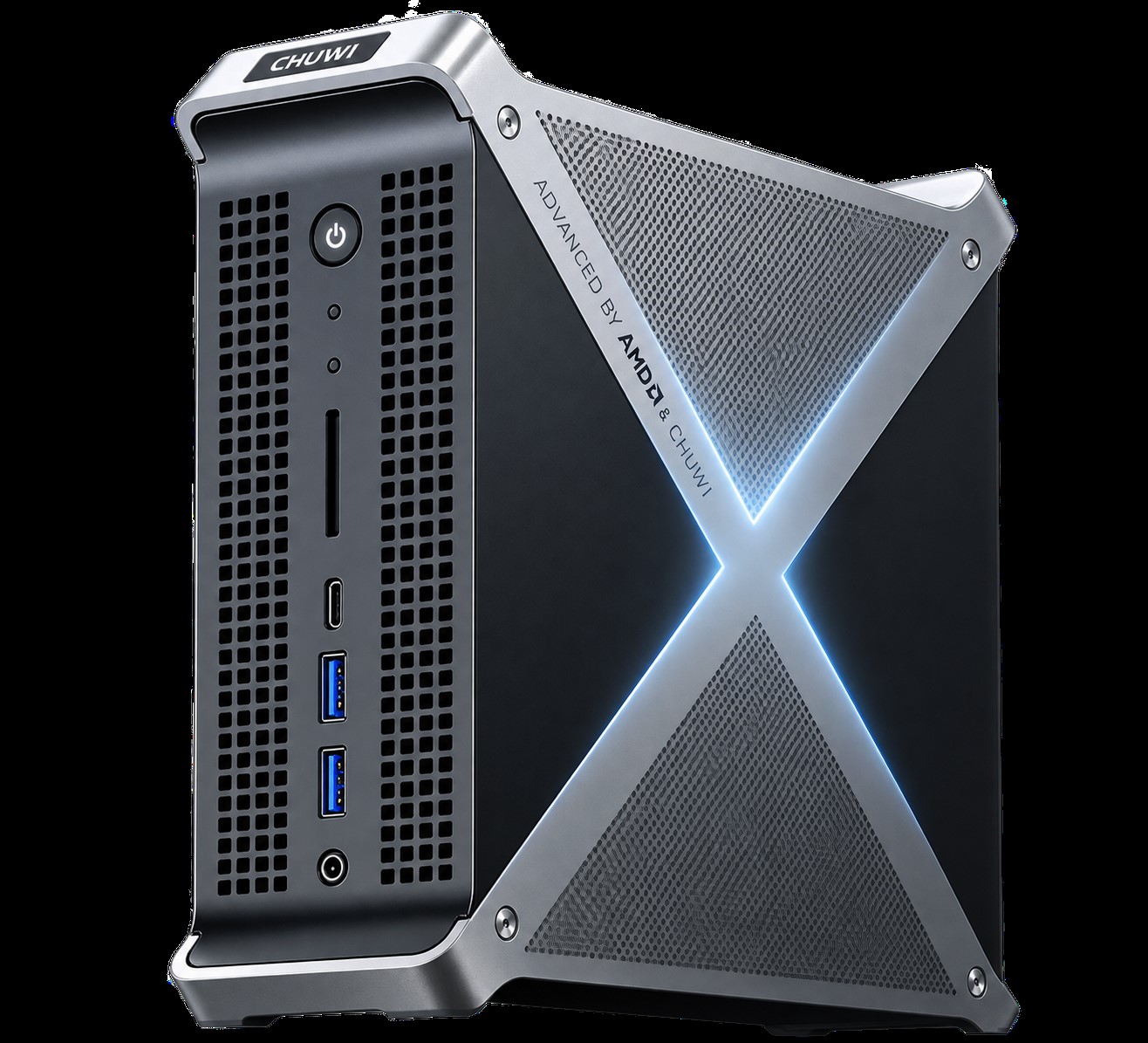 A Chuwi mini PC with a silver 'X' design and 'Advanced by AMD & Chuwi' text on the side panel, featuring two USB-A ports, a USB-C port, and a power button on the front panel.