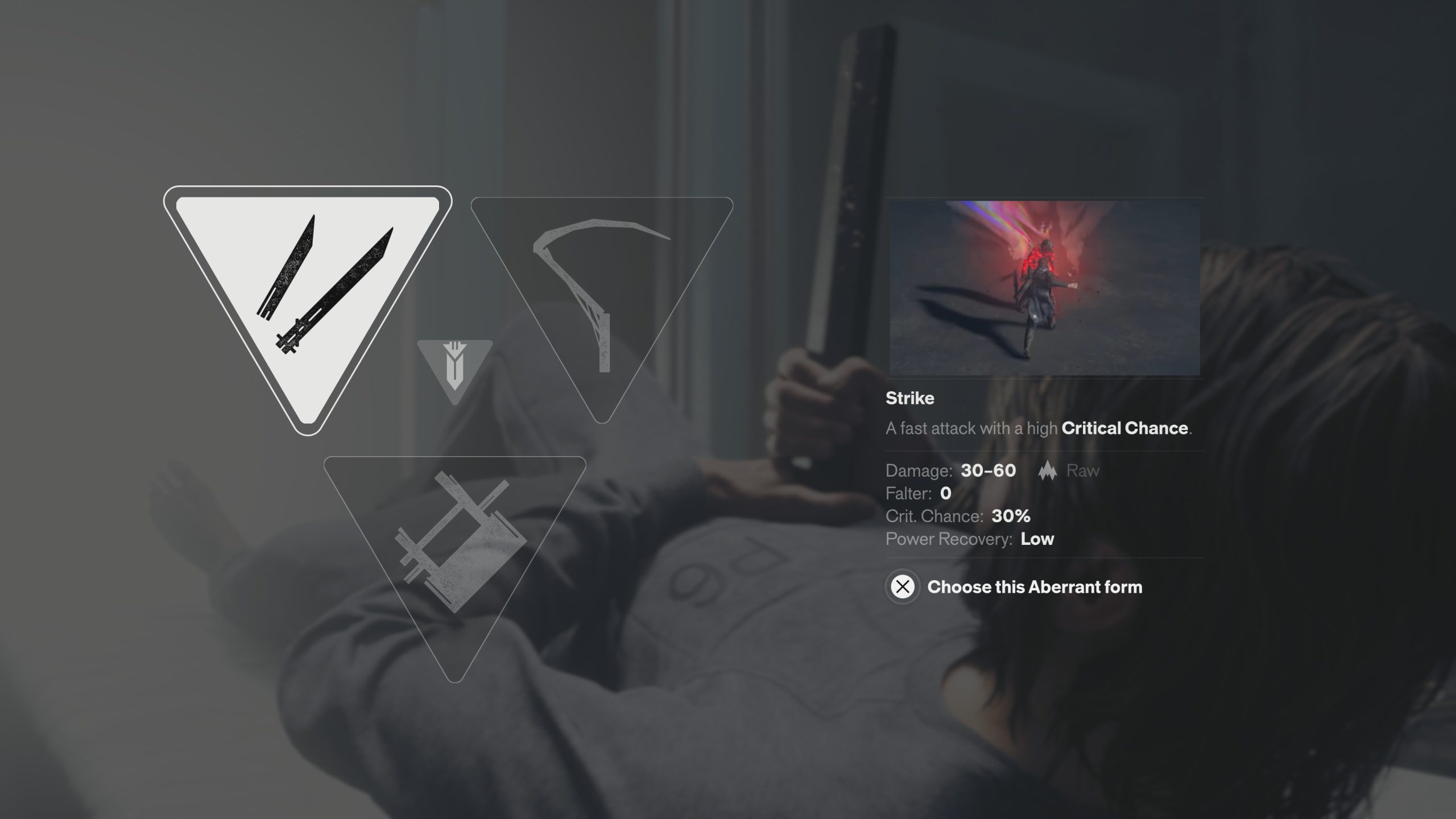 Interface de jeu montrant le choix entre trois styles de combat.