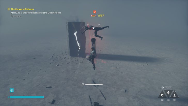 A character in 'Control' uses telekinetic powers to defeat an enemy in a desolate landscape with the mission objective 'The House in Distress' displayed on-screen.