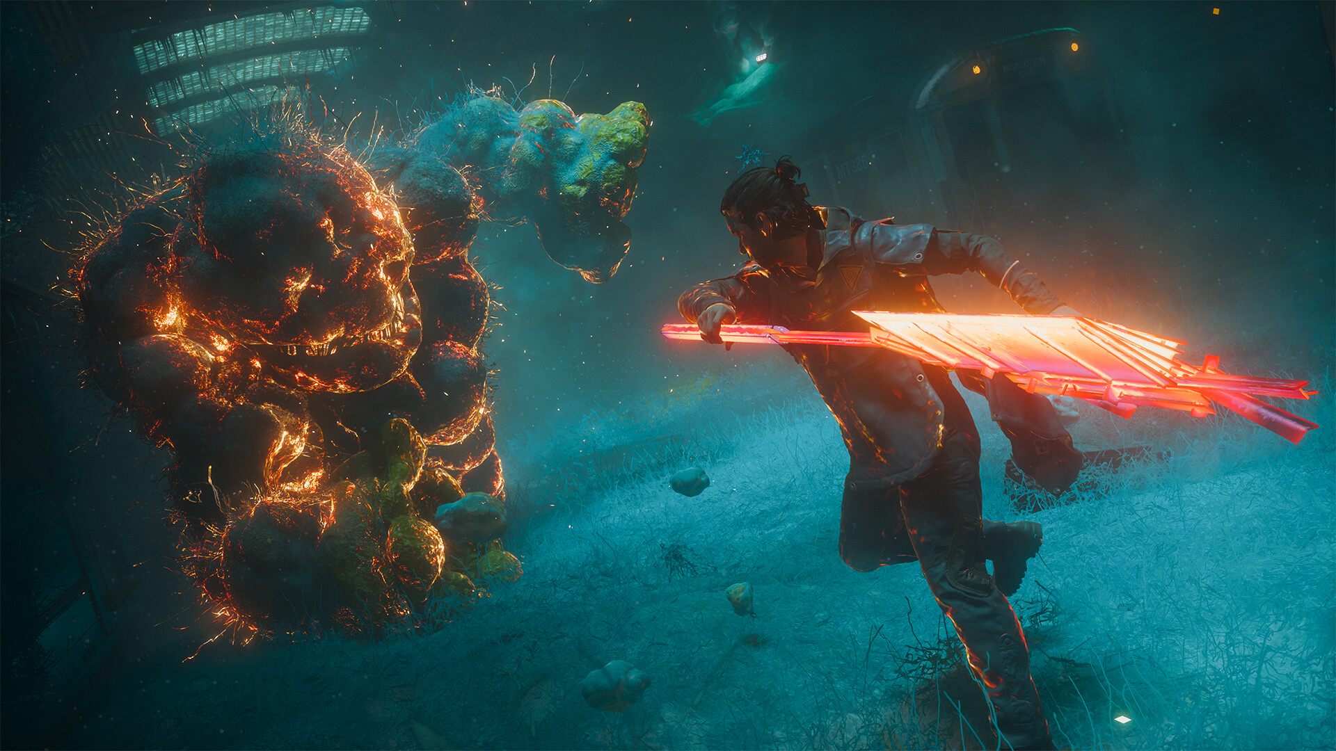 Un personnage du jeu 'Control Resonant' fait face à une créature de pierre luminescente, brandissant une arme futuriste brillante.
