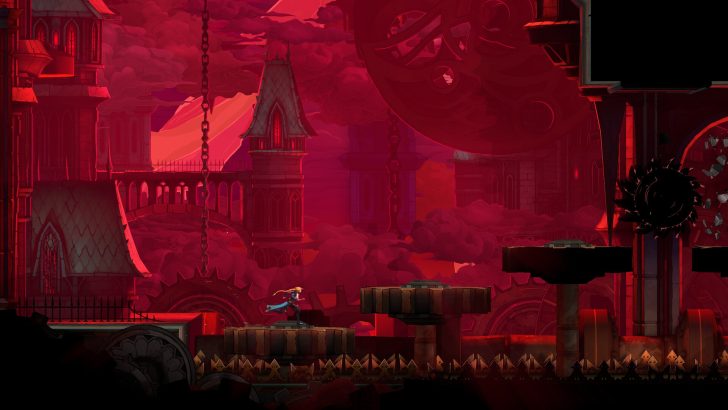 Un personnage navigue dans un niveau de plateforme dans un décor rougeâtre stylé avec une architecture gothique, des engrenages et une grande scie circulaire en obstacle.