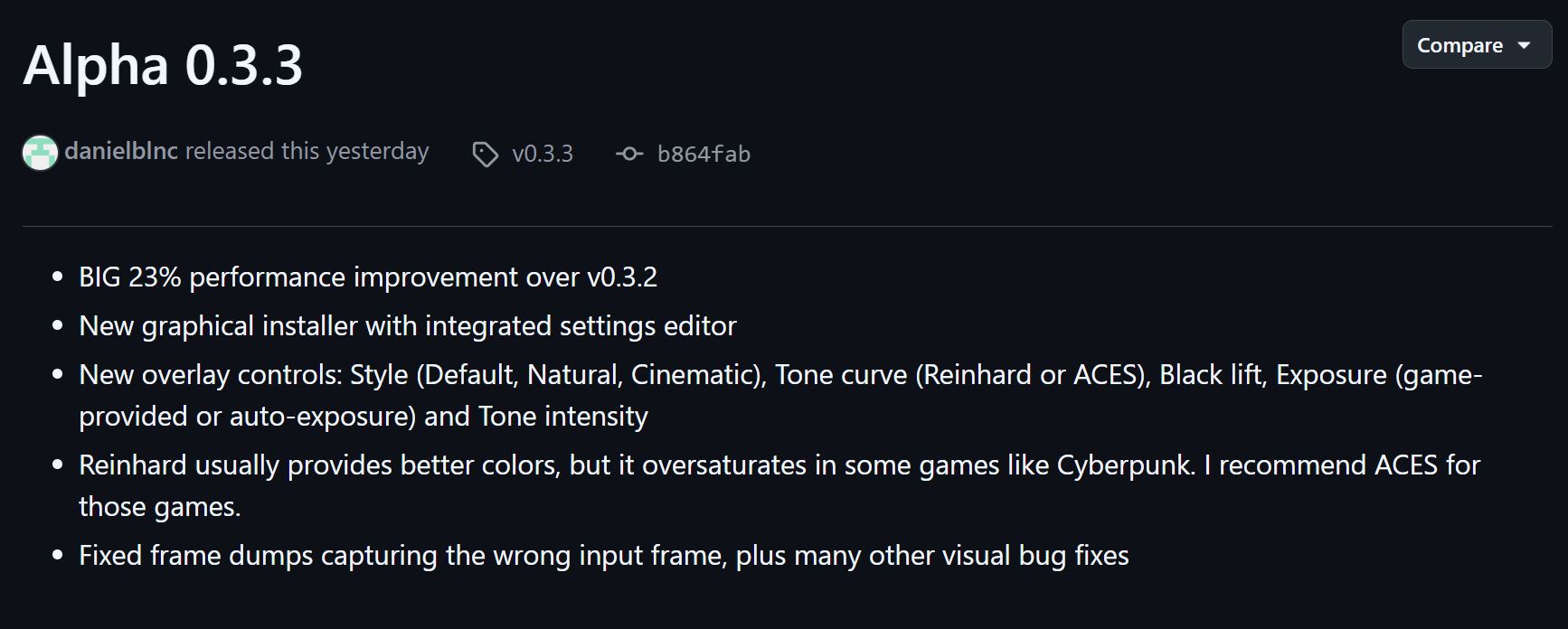 Notes de version pour 'Alpha 0.3.3' indiquant une amélioration de 23% par rapport à la v0.3.2, un nouvel installateur graphique, de nouveaux contrôles pour l'overlay et des corrections de bugs visuels.