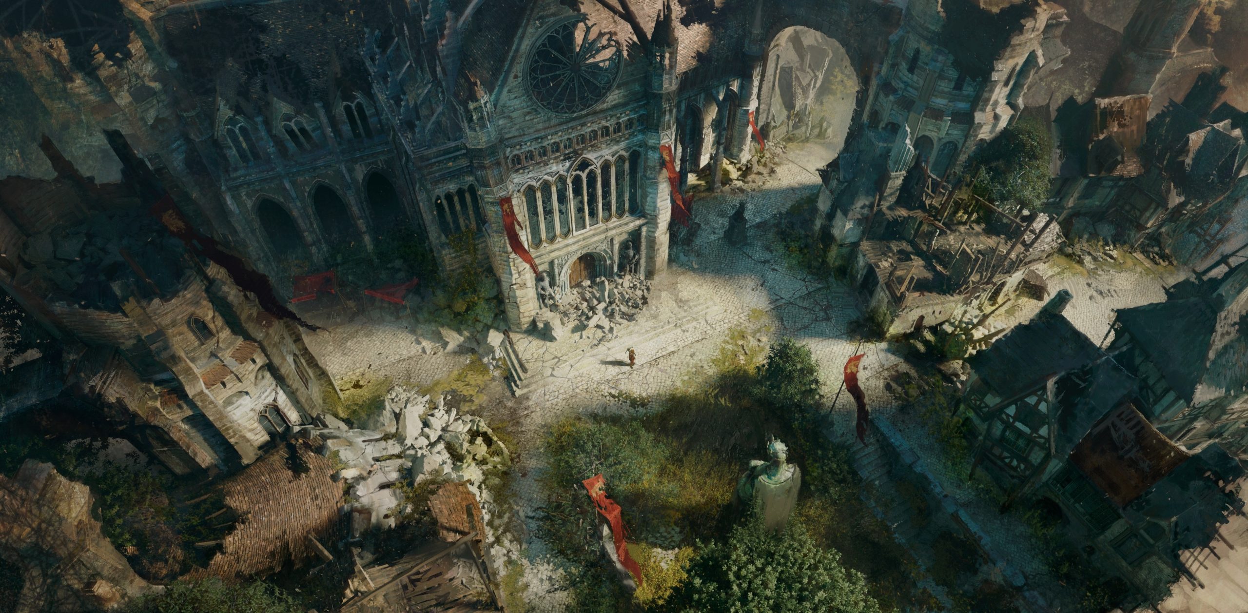Vue aérienne d'une ville ancienne en ruines dans Diablo V, avec une cathédrale majestueuse entourée de bâtiments écroulés.