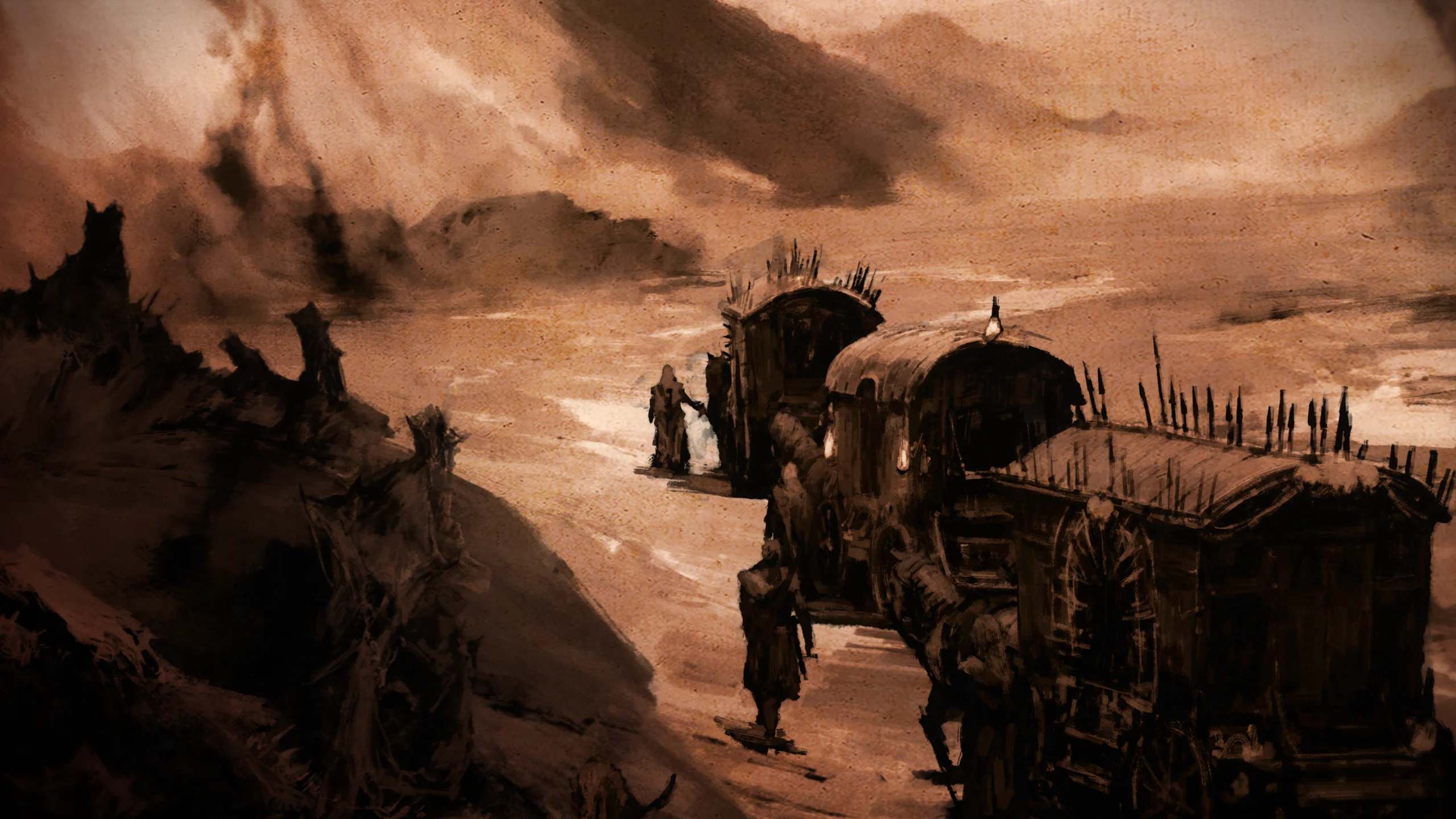 Un paysage sombre et désolé avec une caravane de chariots bâchés avançant sur un chemin stérile, entouré d'un terrain sinistre sous un ciel dramatique.