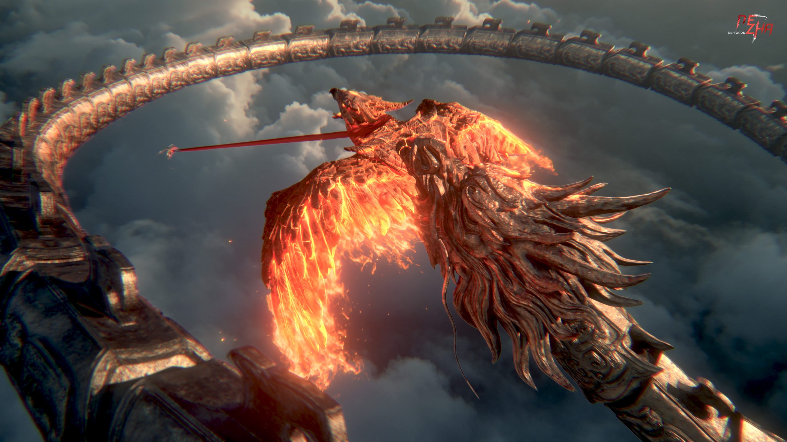 Une créature semblable à un phénix de feu vole dans le ciel avec une lance lumineuse dans le jeu 'NEZHA'.