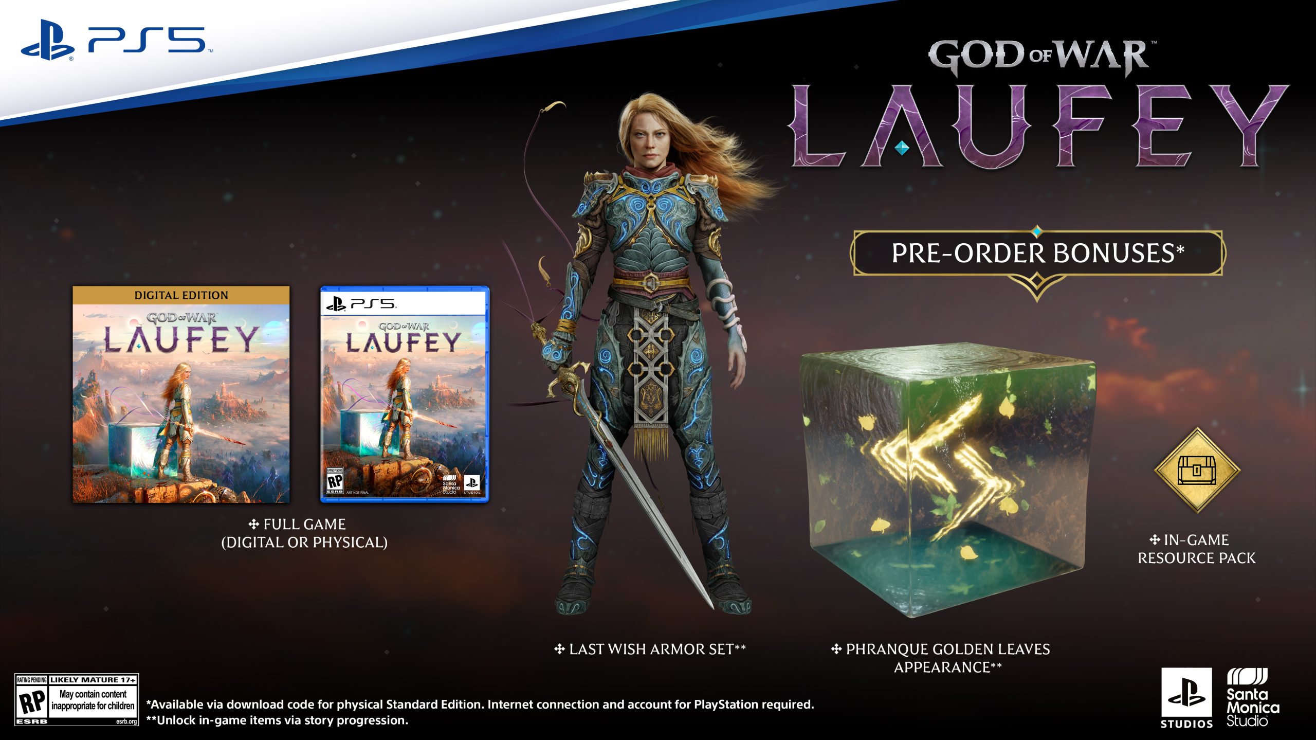 Une image promotionnelle pour God of War : Laufey sur PS5 montrant les bonus de précommande, dont l'ensemble d'armure 'Dernier Souhait', l'apparence 'Feuilles Dorées de Phranque', et le 'Jeu Complet' en format numérique ou physique.