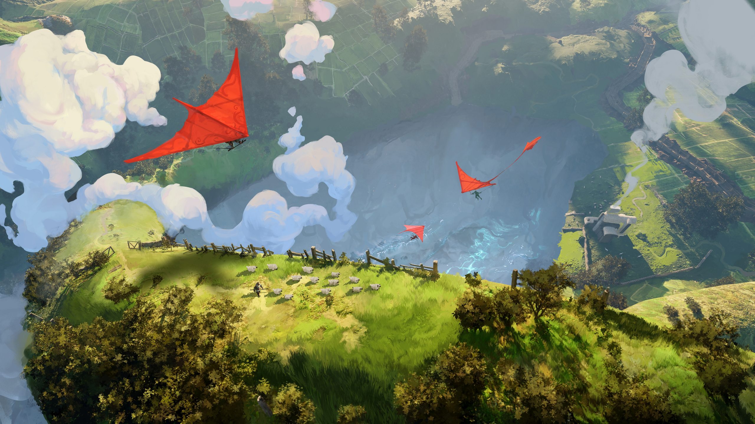 A scenic illustration from the game 'Guild Wars 3' shows red hang gliders soaring over a verdant, hilly landscape with sheep grazing on the grass below.