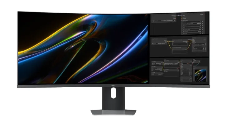 Un moniteur incurvé HKC affiche des graphiques abstraits colorés et des fenêtres d'interface de programmation.
