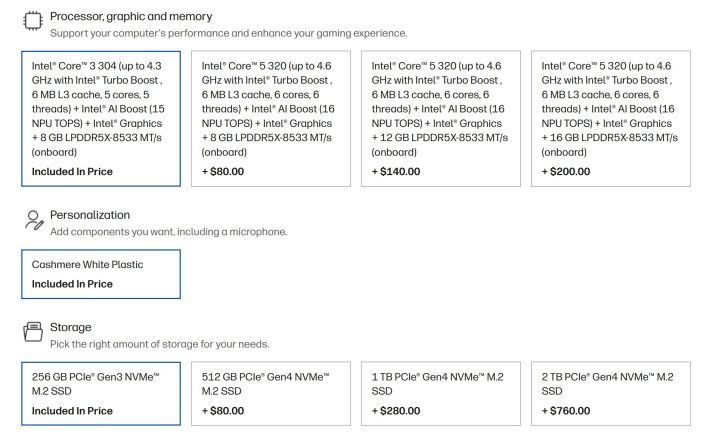 Une interface de personnalisation montrant les options processeur Intel Core 3 304 et Intel Core 5 320, ainsi que les options de stockage et un design 'Plastique Blanc Cachemire'.
