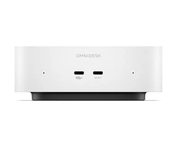 Un dock OmniDesk blanc avec deux ports USB-C à l’avant étiquetés ’40Gbps’ et ’DP OUT’.