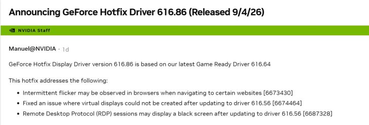 Annonce du GeForce Hotfix Driver 616.86 qui corrige des problèmes comme le scintillement dans les navigateurs et les écrans noirs en RDP.