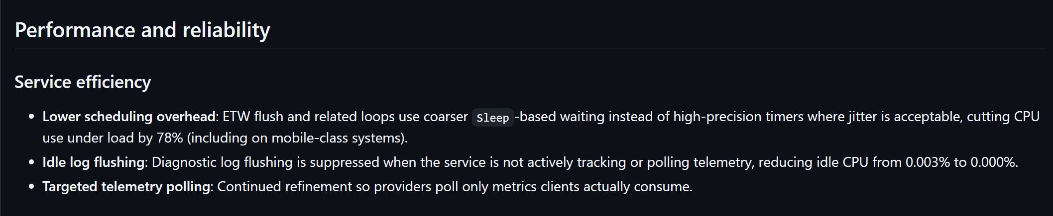 A presentation slide titled 'Performance and reliability' highlights service efficiency improvements, including 'Lower scheduling overhead,' 'Idle log flushing,' and 'Targeted telemetry polling.'